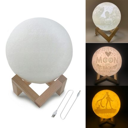 Maßgeschneiderte, getupfte 3-Farben-3D-Druck-Mondlampe, USB-Aufladung, energiesparendes LED-Nachtlicht mit Holzhaltersockel