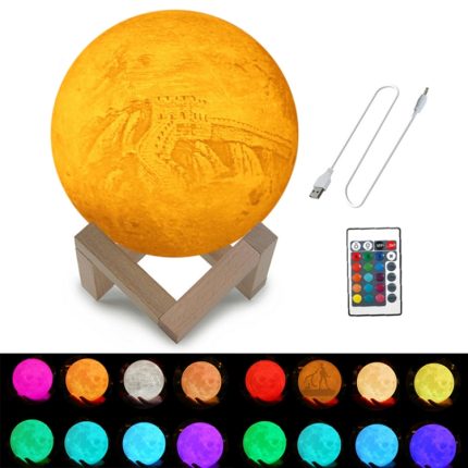Maßgeschneiderte 16-Farben-3D-Druck-Mondlampe, USB-Aufladung, energiesparendes LED-Nachtlicht mit Fernbedienung und Holzhalterung