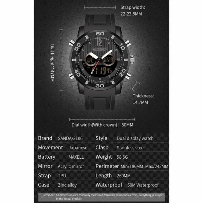 SANDA 3106 Dual Digital Display Männer Outdoor-Sport leuchtende stoßfeste elektronische Uhr – Bild 8