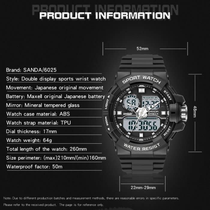 SANDA 6025 Dual Time Digital Display Leuchtender Kalender Wasserdichte multifunktionale Herren-Sport-Quarzuhr – Bild 8