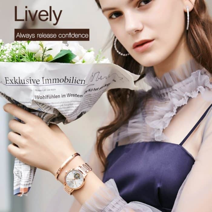 JIN SHI DUN 8812 Einfache ausgehöhlte wasserdichte automatische mechanische Damenuhr – Bild 10