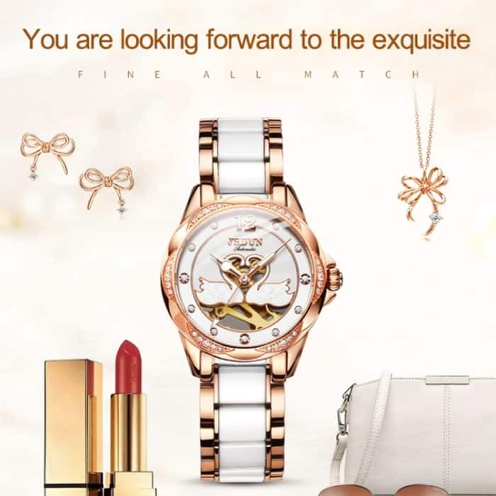 JIN SHI DUN 8831 Damenmode Diamant ausgehöhlte wasserdichte Keramik mechanische Uhr – Bild 13