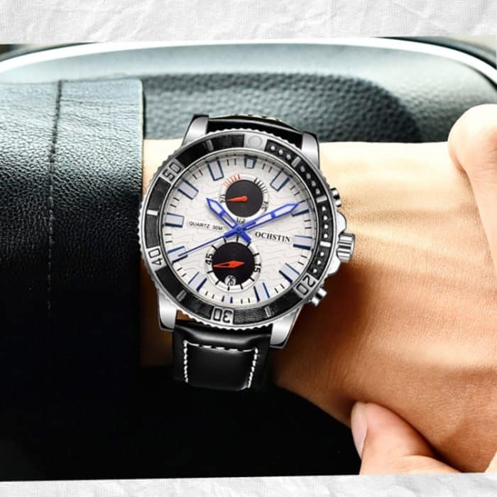 Ochstin 6045A Multifunktions-Quarz-Leucht-Herrenuhr aus echtem Leder – Bild 7