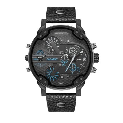 CAGARNY 6820 Herren-Quarzuhr mit blauem Zifferblatt und Lederarmband und zwei Uhrwerken