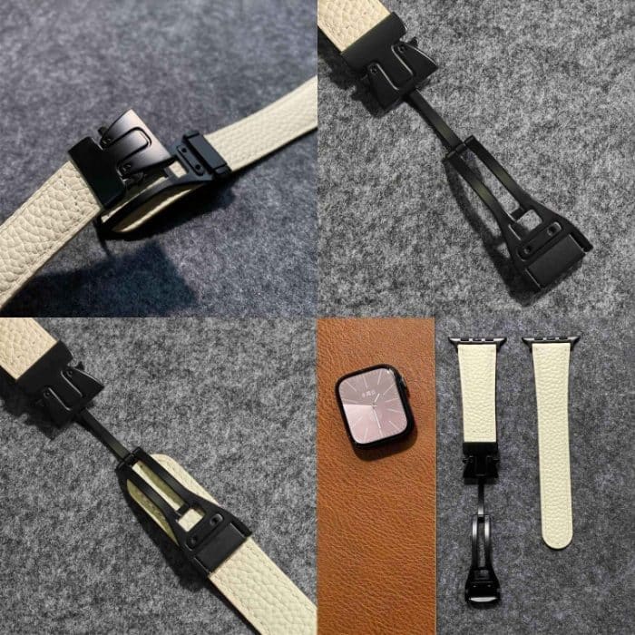 Magnetisches Uhrenarmband aus echtem Leder mit Fallschirmschnalle und Litschi-Muster, For Apple Watch 46mm / 49mm / 45mm / 44mm, For Apple Watch 42mm / 41mm / 40mm / 38mm – Bild 3