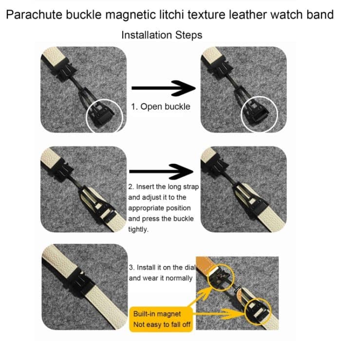 Magnetisches Uhrenarmband aus echtem Leder mit Fallschirmschnalle und Litschi-Muster, For Apple Watch 46mm / 49mm / 45mm / 44mm, For Apple Watch 42mm / 41mm / 40mm / 38mm – Bild 6