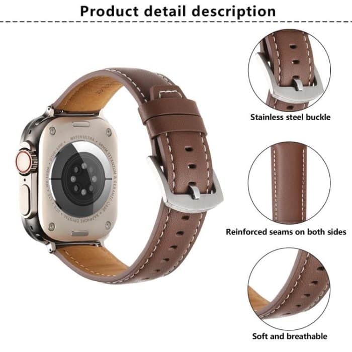 Kalebol Plain Genuine Leather Watch Band, For Apple Watch 46mm / 49mm / 45mm / 44mm, For Apple Watch 42mm / 41mm / 40mm / 38mm – Bild 3