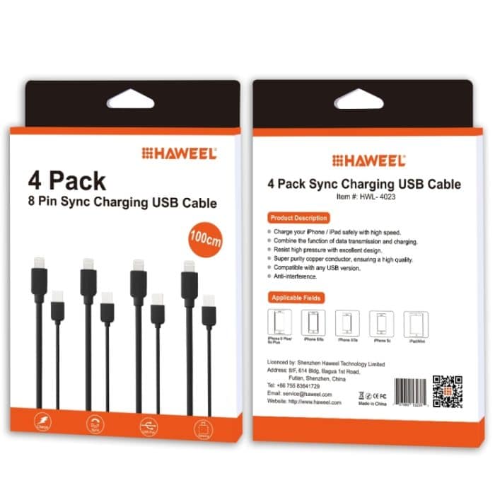 4 PCs Haweel 1M Hochgeschwindigkeit 8 Pin bis USB -Synchronisation und Ladekabelkit für iPhone, iPad (schwarz) – Bild 4