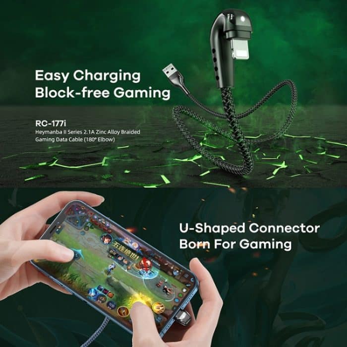 REMAX RC-177i Heymanba II 2,1 A USB auf 8 Pin 180 Grad Winkelstück, geflochtenes Gaming-Datenkabel aus Zinklegierung, Kabellänge: 1 m – Bild 4