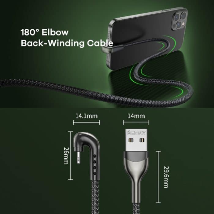 REMAX RC-177i Heymanba II 2,1 A USB auf 8 Pin 180 Grad Winkelstück, geflochtenes Gaming-Datenkabel aus Zinklegierung, Kabellänge: 1 m – Bild 6