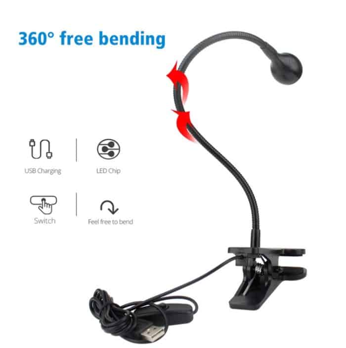 3W 360-Grad-Drehung USB-Metall-LED-Licht mit flexiblem Hals und warmweißem Licht mit Schalter und Clip – Bild 7