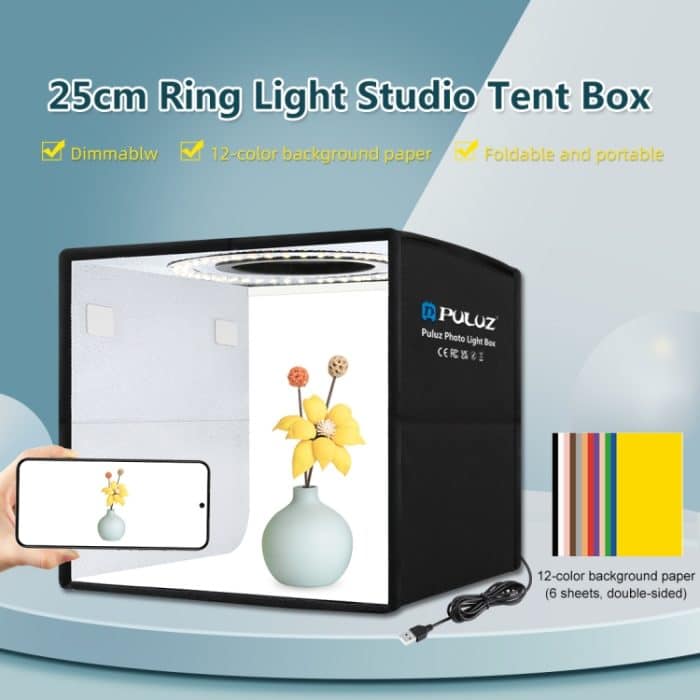 PULUZ 25 cm faltbare tragbare Ringlichtbox mit hohem CRI-Wert von 97, Fotobeleuchtung, Studio-Schießzeltbox mit 12 Farben Hintergründen, Größe: 25 cm x 25 cm x 25 cm, 25cm High CRI Box, 25cm High CRI Box US – Bild 2