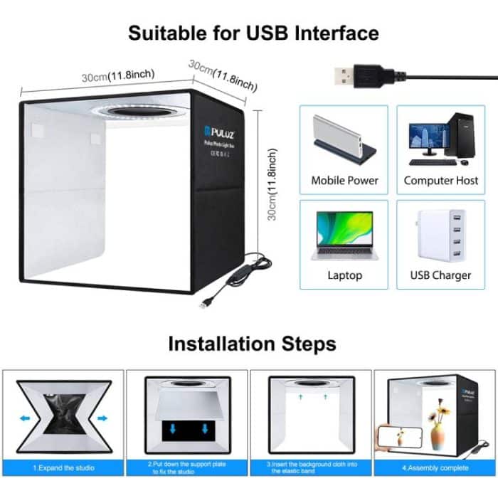 PULUZ 30 cm faltbares, hohes 97 CRI-Ringlicht, Fotobeleuchtung, Studio-Aufnahmezelt, Box-Set mit 6 Hintergrundfarben (Schwarz, Weiß, Orange, Rot, Grün, Blau), aufgeklappte Größe: 30 cm x 30 cm x 30 cm, 30cm Box Black, 30cm Box Black RU, 30cm Box Green ... – Bild 10
