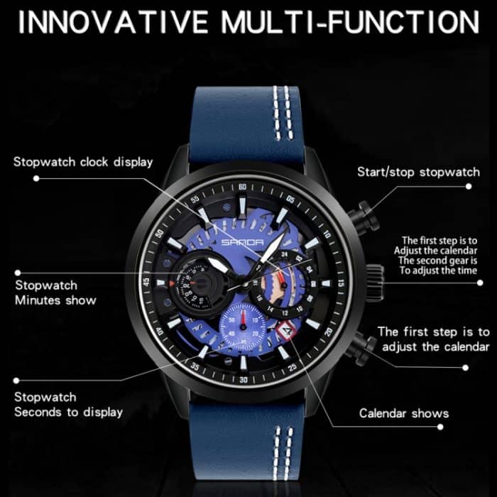 SANDA 5010P Six-Pin Cool Big Dial Wasserdichte Drei-Augen-Herrenuhr Lederarmband Modetrend Herrenuhr – Bild 4