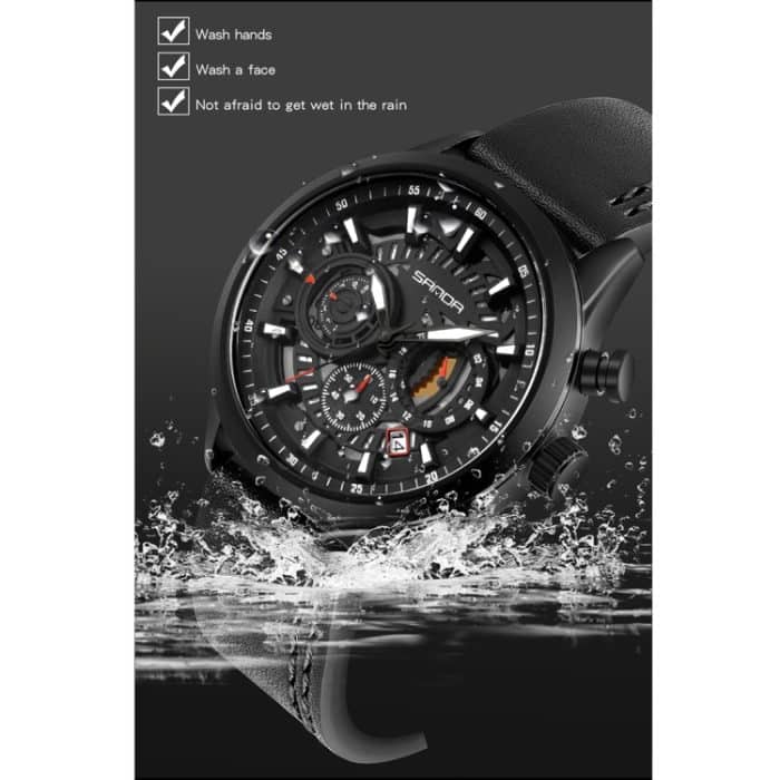SANDA 5010P Six-Pin Cool Big Dial Wasserdichte Drei-Augen-Herrenuhr Lederarmband Modetrend Herrenuhr – Bild 5