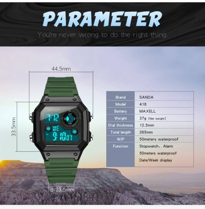 SANDA418 Quadratische Armbanduhr Schwimmen Wasserdicht Alarm Nachtlicht Männliche Studentenuhr Einfache Mode Sportuhr – Bild 8