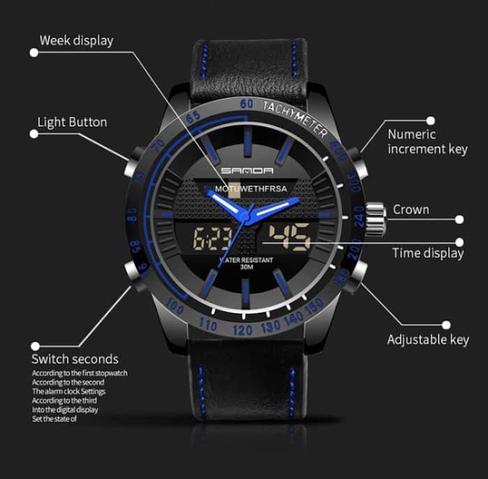 SANDA 774 Herren-Gürteluhr, Dual-Display, Multifunktions-Sport-Elektronikuhr, Modetrend, Freizeit, wasserdicht, leuchtende Uhr – Bild 10