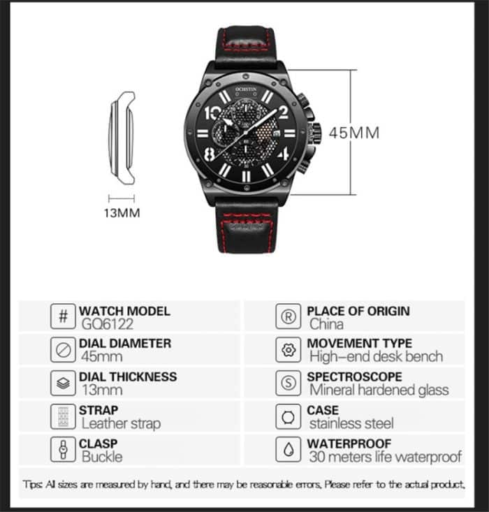 Ochstin 6122 Multifunktions-Quarzuhr, Sport, leuchtende, wasserdichte Uhr, Kalender, Leder, Herrenuhr – Bild 6