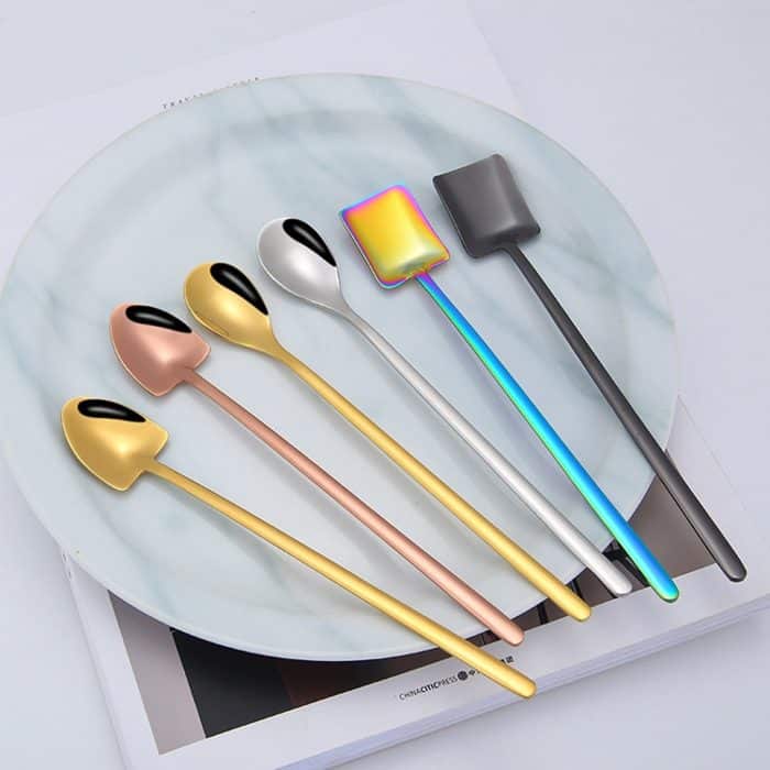 2 Stück Edelstahl-Löffel, kreativer Kaffeelöffel, Bar-Eislöffel, vergoldeter langer Rührlöffel, Round Spoon Silver, Pointed Spoon Silver, Square Spoon Silver, Round Spoon Gold, Pointed Spoon Gold, Square Spoon Gold, Round Spoon Rose Gold... – Bild 5