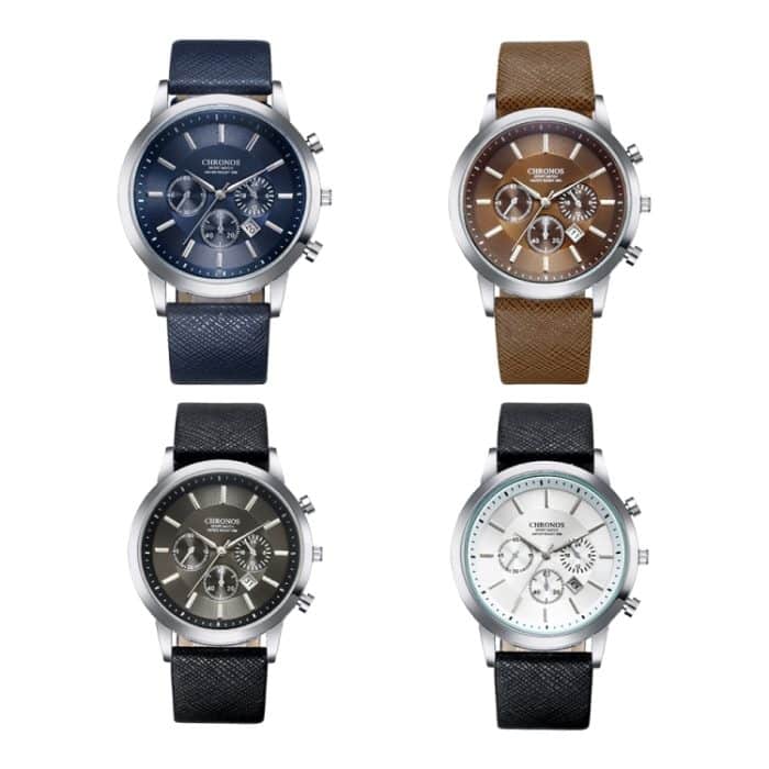 CHRONOS CH0401 Sportuhr mit drei Augen und sechs Nadeln und Ledergürtel für Herren – Bild 2