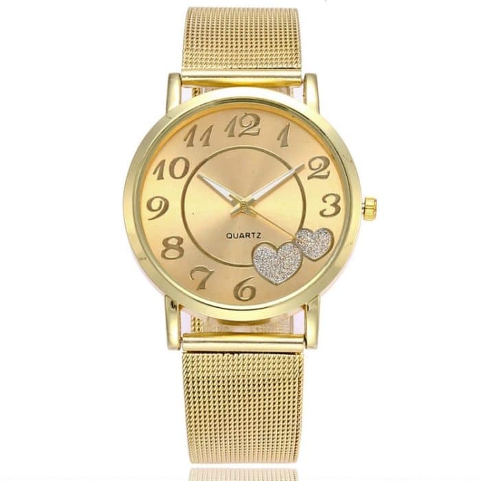 TBD0199234701A.jpg 2 Stück goldene Legierungs-Mesh-Gürtel-Doppelherzuhr für Damen – Bild 1