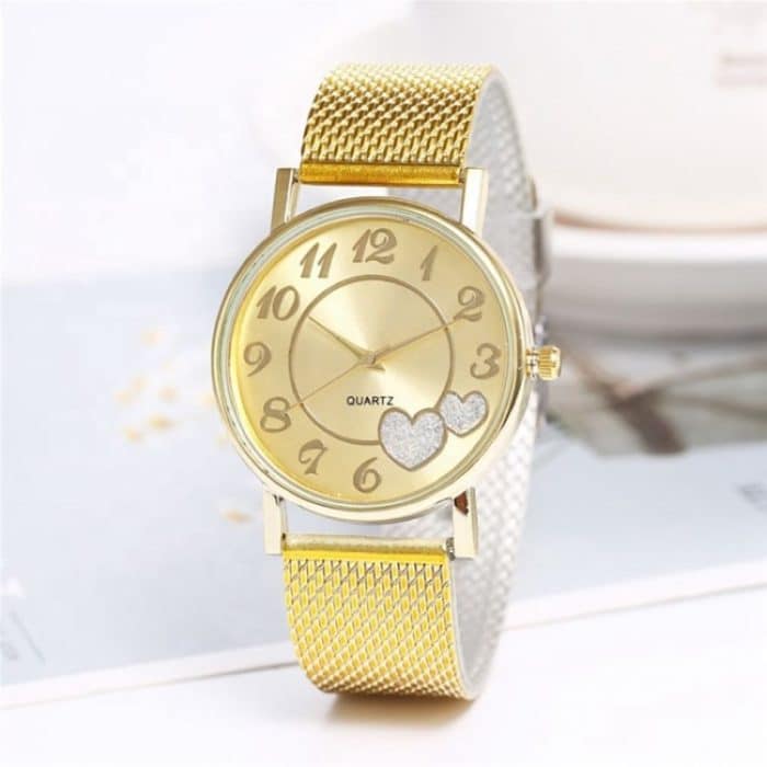 TBD0199234701A_1.jpg 2 Stück goldene Legierungs-Mesh-Gürtel-Doppelherzuhr für Damen – Bild 2