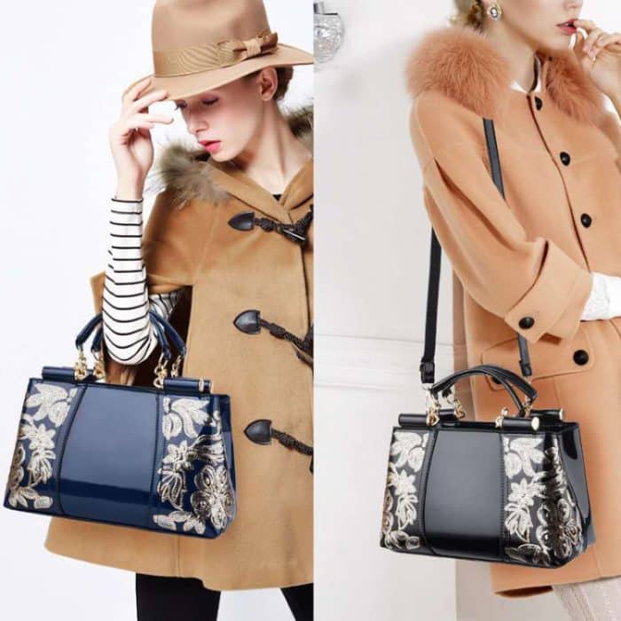 Einseitig bestickte Damenhandtasche aus glänzendem Leder, Red, Blue, Black, Rice-white, Red Wine – Bild 7