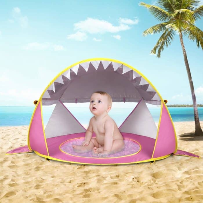 Baby-Strandzelt mit tragbarem, faltbarem Sonnenschutz für den Pool, Orange, Pink, Pink Stripe, Shark Gray, Shark Yellow – Bild 6