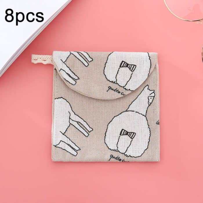 8 Stück Damenbinden-Aufbewahrungsbeutel aus Baumwolle und Leinen, praktische Clutch-Tasche, Gray Camel, Lucky Cat, Leaves, Blue Cat, Turtle, Elephant, Block, Waves, Owl, Black Tree, Black -bottomed White Tree – Bild 1