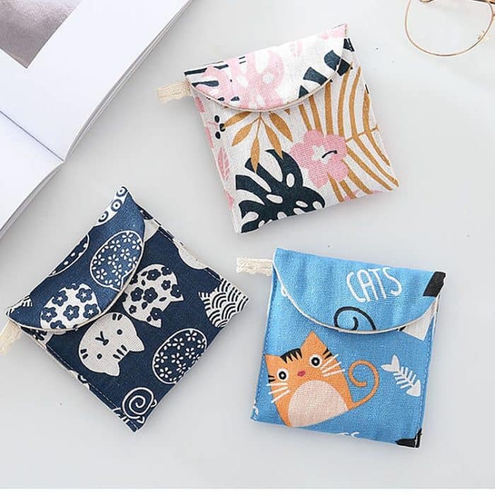 8 Stück Damenbinden-Aufbewahrungsbeutel aus Baumwolle und Leinen, praktische Clutch-Tasche, Gray Camel, Lucky Cat, Leaves, Blue Cat, Turtle, Elephant, Block, Waves, Owl, Black Tree, Black -bottomed White Tree – Bild 5
