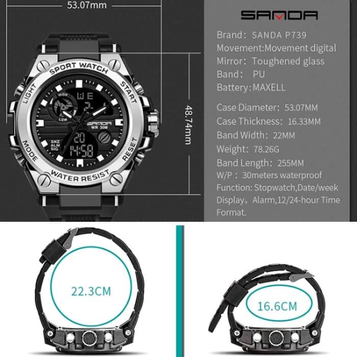 SANDA 739 Multifunktionale wasserdichte Sportuhr, Chronograph, Kalender, Alarm, Nachtlicht – Bild 9