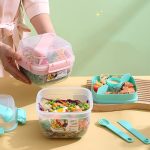 Mikrowellengeeigneter, doppelschichtiger Salatbehälter, Picknick-Lunchbox mit Gabel und Löffel, Blue/Large, Pink/Large, White/Large, Blue/Small, Pink/Small, White/Small – Bild 2