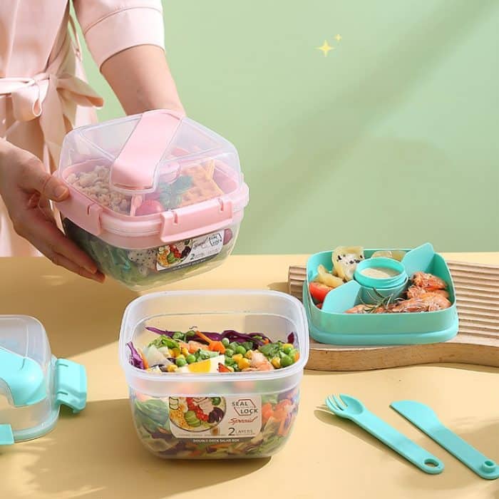 Mikrowellengeeigneter, doppelschichtiger Salatbehälter, Picknick-Lunchbox mit Gabel und Löffel, Blue/Large, Pink/Large, White/Large, Blue/Small, Pink/Small, White/Small – Bild 2