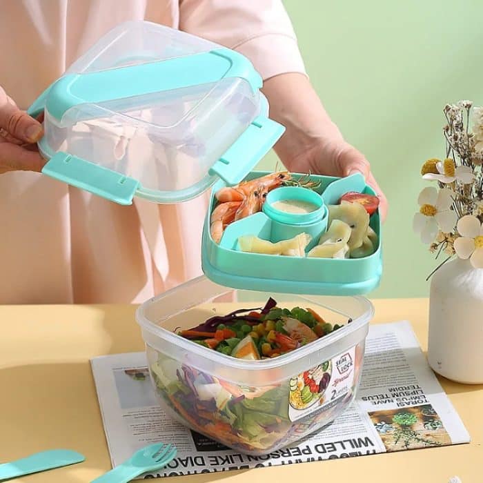 Mikrowellengeeigneter, doppelschichtiger Salatbehälter, Picknick-Lunchbox mit Gabel und Löffel, Blue/Large, Pink/Large, White/Large, Blue/Small, Pink/Small, White/Small – Bild 6