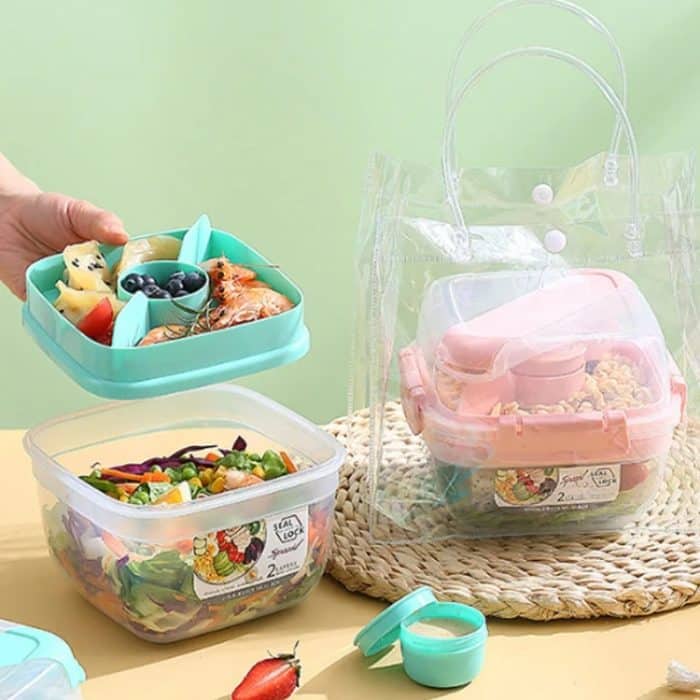 Mikrowellengeeigneter, doppelschichtiger Salatbehälter, Picknick-Lunchbox mit Gabel und Löffel, Blue/Large, Pink/Large, White/Large, Blue/Small, Pink/Small, White/Small – Bild 8