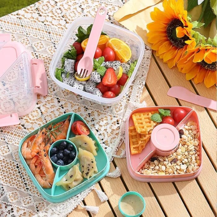 Mikrowellengeeigneter, doppelschichtiger Salatbehälter, Picknick-Lunchbox mit Gabel und Löffel, Blue/Large, Pink/Large, White/Large, Blue/Small, Pink/Small, White/Small – Bild 9