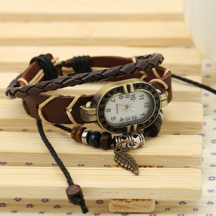 W01350 Vintage-Armbanduhr mit geflochtenem Lederblatt – Bild 3