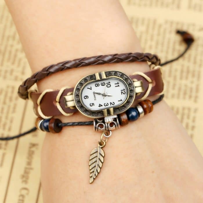 W01350 Vintage-Armbanduhr mit geflochtenem Lederblatt – Bild 4