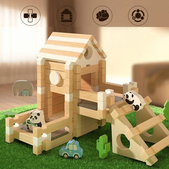 Kinder Frühes Lernen Zapfen- und Zapfenbaustein-Bausteine ​​Hütte DIY Holzmontage Lernspielzeug – Bild 8