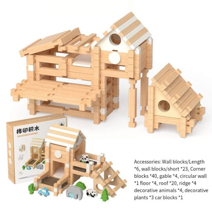 Kinder Frühes Lernen Zapfen- und Zapfenbaustein-Bausteine ​​Hütte DIY Holzmontage Lernspielzeug – Bild 9