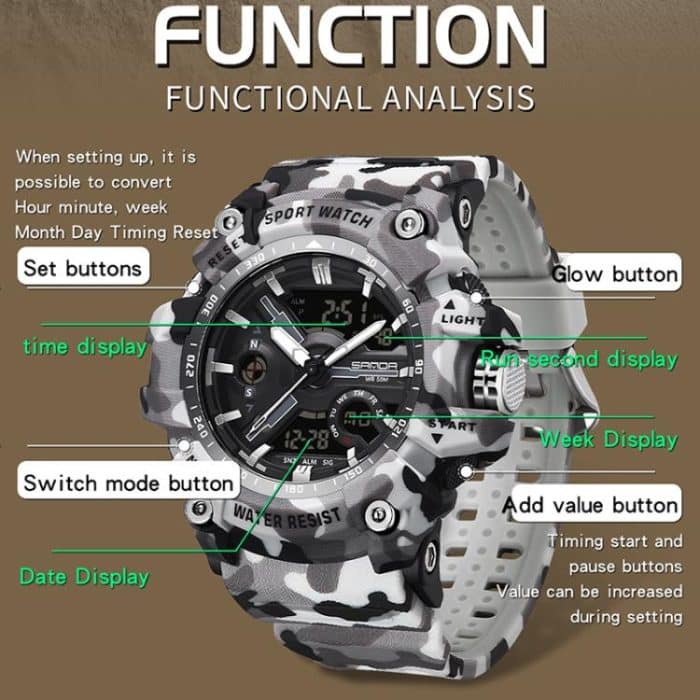 SANDA 3355 Camouflage Multifunction Watch Alarm Clock Waterproof Electronic Watch – Bild 3