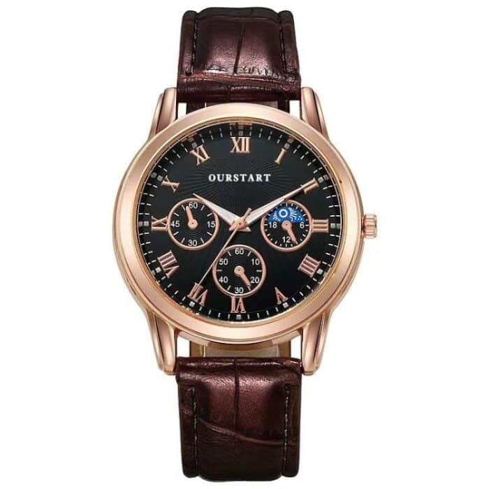 OURSTART Men 3-Eye Decorative Quartz Leather Strap Watch – Bild 1
