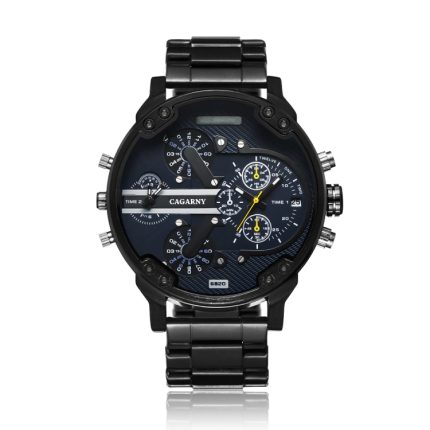 CAGARNY 6820 Modische Business-Armbanduhr mit großem Zifferblatt, Dual-Zeitzone, Quarzwerk, Edelstahlarmband und Kalenderfunktion für Herren (schwarzes Stahlband, blaues Fenster)