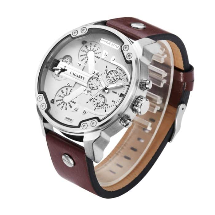 WA1675WZ.jpg CAGARNY 6820 Modische, multifunktionale Quarz-Business-Sport-Armbanduhr mit Lederband, GMT-Zeit, Kalender und leuchtendem Display für Herren (braunes Band, weißes Fenster) – Bild 1