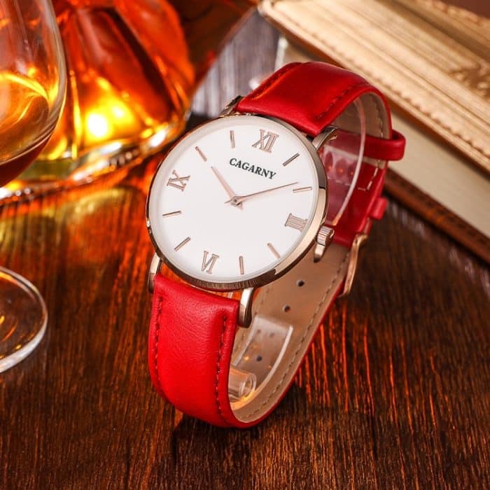WA6881R_1.jpg CAGARNY 6812 prägnante, ultradünne Quarz-Armbanduhr mit Lederband für Damen (schwarzes Band) – Bild 2