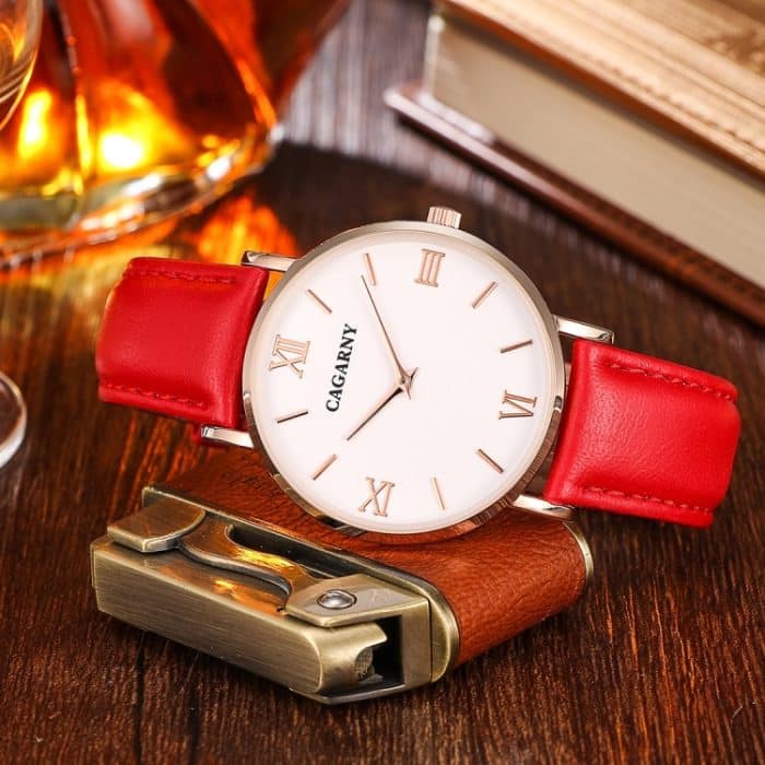WA6881R_2.jpg CAGARNY 6812 prägnante, ultradünne Quarz-Armbanduhr mit Lederband für Damen (schwarzes Band) – Bild 3