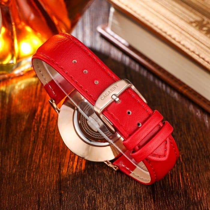 WA6881R_3.jpg CAGARNY 6812 prägnante, ultradünne Quarz-Armbanduhr mit Lederband für Damen (schwarzes Band) – Bild 4