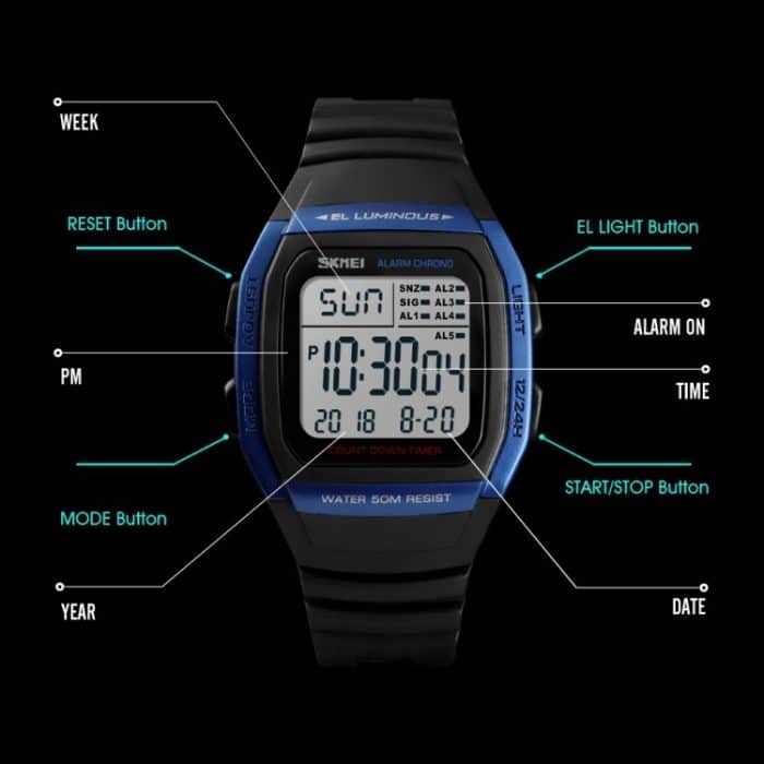 SKMEI 1278 Modische Outdoor-50 m wasserdichte Digitaluhr für Studenten, Sport-Armbanduhr, unterstützt 5 Gruppen-Wecker – Bild 5