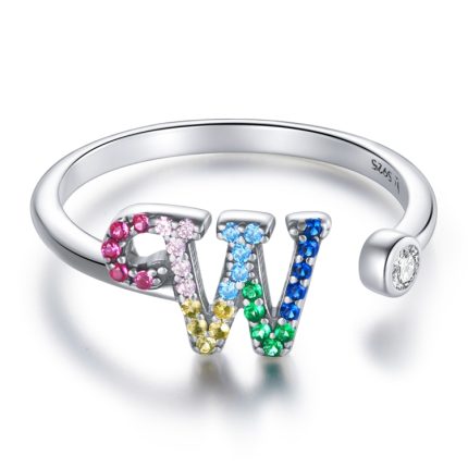 Offener Ring aus S925-Sterlingsilber mit 26 englischen Buchstaben und buntem Zirkon für Damen