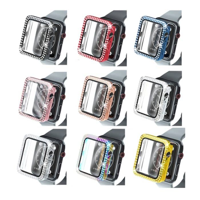 Galvanisierende PC-Doppelreihen-Diamant-Schutzhülle mit gehärtetem Glasfilm für die Apple Watch-Serie – Bild 2